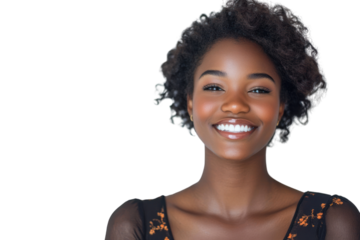 Smiling woman with curly hair, looking happy and confident against a white background.