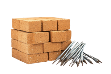 Stacks of bricks and metal nails on a white isolated background, perfect for construction and building projects.