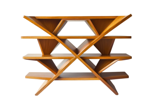 Stylish wooden bookshelf with a modern, unique design on a white isolated background.