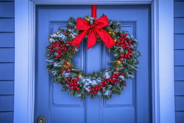 Festive Holiday Wreath with Red Bow and Snowy Accents on Blue Door Creating a Warm and Inviting Atmosphere for Winter Celebrations
