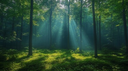 Serene Forest Scene with Sunlight Rays and Lush Greenery