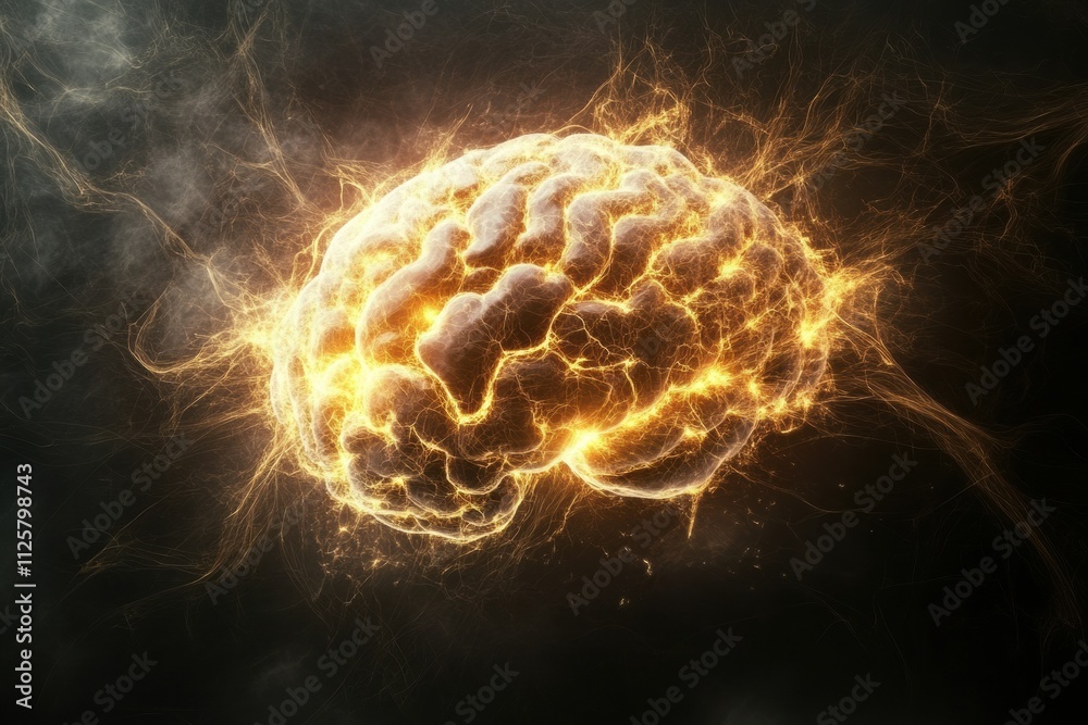 Poster a vibrant and abstract depiction of a neural network forming a human brain, radiating energy and lig