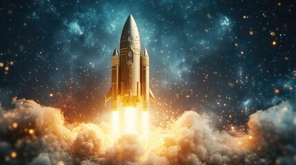 Obraz premium Business startup. Rocket launch in workplace. Success and concept of earning money online. Digital investment