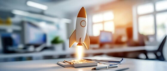 Business startup. Rocket launch in workplace. Success and concept of earning money online. Digital investment