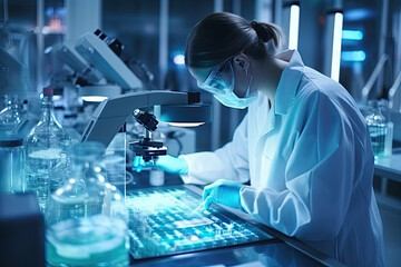 A laboratory technician makes microscopic bacteriological examination with the reagents