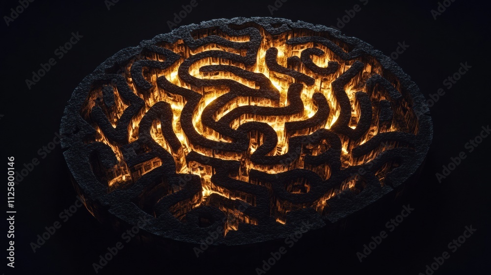 Fototapete Intricate labyrinth design resembling a human brain, featuring luminous pathways against a dark background, ideal for adding text. Generative AI
