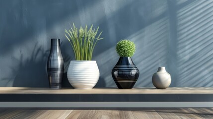 A contemporary space featuring a dark blue wall, pale wooden floors