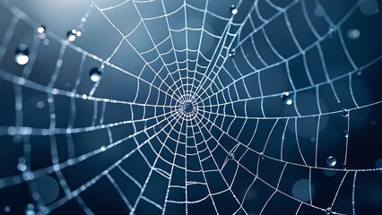 Obraz premium Close-up Dew-Kissed Spiderweb, Intricate Design & Dramatic Lighting