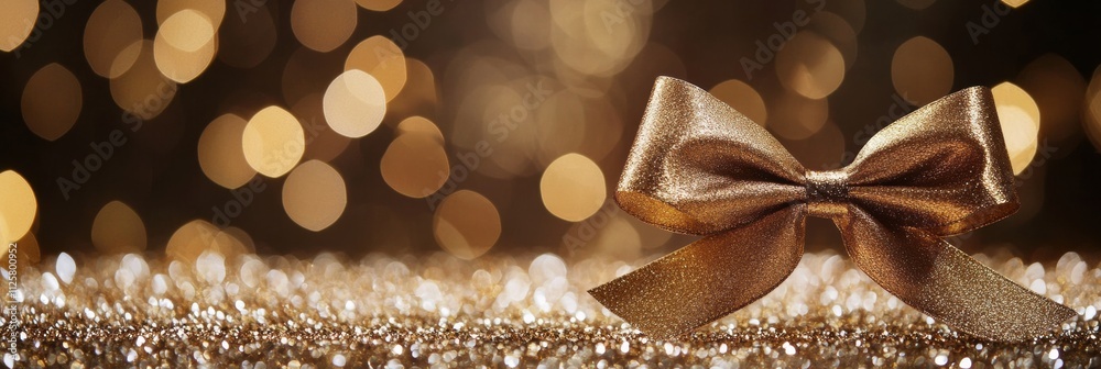 Poster golden ribbon tied in a neat bow rests on a dazzling surface, creating a festive ambiance perfect fo