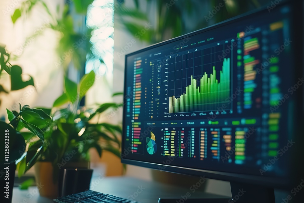 Poster a computer monitor displays a graph of stock prices