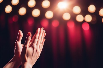 Hands Clapping in Applause Under Dramatic Stage Lights Celebrating Performance, Arts, and Entertainment in a Theatrical Setting with Vibrant Colorful Background