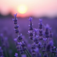 Fototapeta premium Macro Shot of Lavender Field at Sunset. Ideal for meditation apps, wellness branding, or interior decor