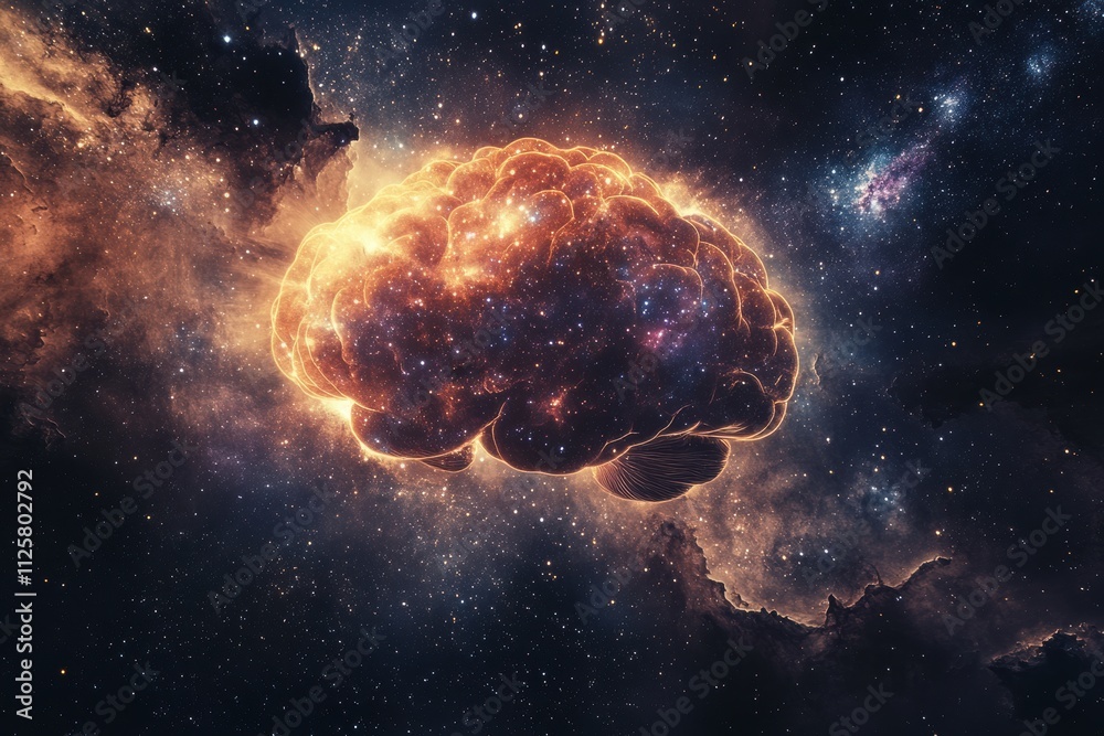 Poster A mesmerizing cosmic brain crafted from stars, galaxies, and constellations floats in a deep space backdrop, inviting exploration and imagination. Generative AI