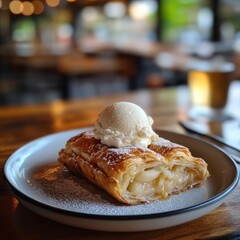 Delicious pastry dessert with a scoop of vanilla ice cream on top, served in a cozy cafe setting with warm lighting and inviting ambiance
