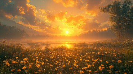 A depiction of a sunrise over a peaceful landscape, symbolizing the hope and promise of a new beginning.
