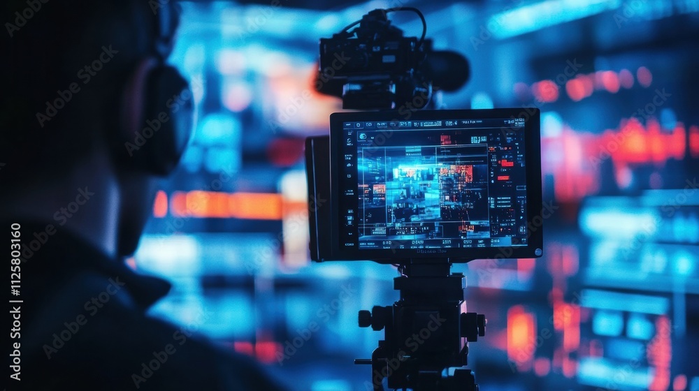 Leinwandbilder Recording an insightful interview within a contemporary television studio setting, featuring blurred backgrounds and advanced media technologies. Generative AI