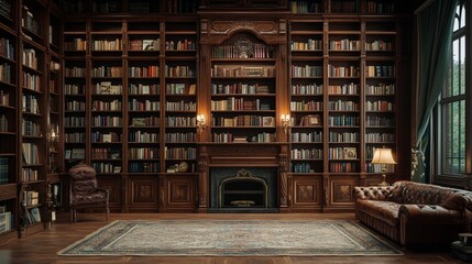 Large 3-meter long, 6-meter high bookcase filled with books in a modern interior space, showcasing a spacious, organized, and contemporary home library design with plenty of storage and shelving.