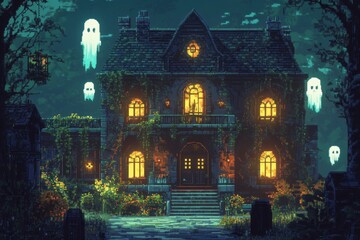 8-bit pixel art.Retro pixel art.Pixel graphics.Pixel art style.Pixelated designs.8-bit haunted house scene with pixelated ghosts, spooky pixel mansion, eerie glowing windows
