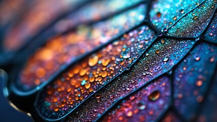 Microscopic Butterfly Wing, Iridescent Scales & Dewdrops