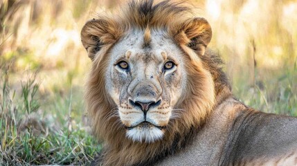 Obraz premium A majestic lion gazing intently into the camera, emphasizing its power and beauty, soft natural light, high resolution.