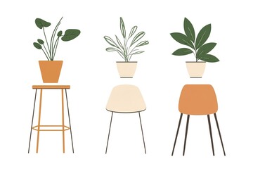 Fototapeta premium Three potted plants sit on three different chairs