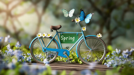 Spring backdrop, the word "SPRING", backdrop with bicycle and flowers