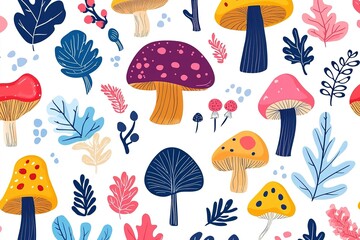 A colorful drawing of mushrooms and leaves