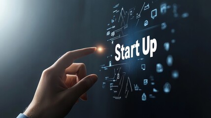 Hand Reaching Towards "Start Up" Text with Digital Icons Representing Innovation, Technology, and Business Growth in a Futuristic Setting