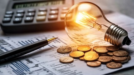 A light bulb, a pen, a calculator and some copper euro cent coins lie on top of an electricity bill