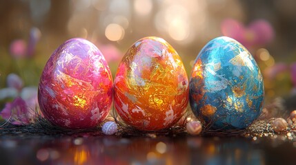Easter eggs, emphasizing realistic textures, reflections, and lighting