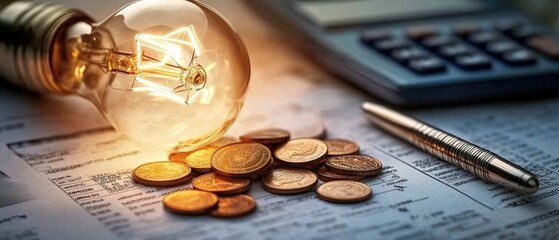 A light bulb, a pen, a calculator and some copper euro cent coins lie on top of an electricity bill