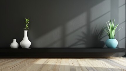 A minimalist living room with a dark gray feature wall, light wooden floors