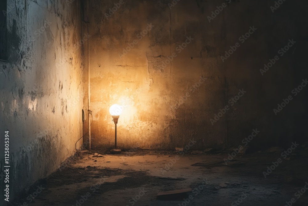 Poster A solitary light fixture shines gently in a dark, empty room, enhancing the atmosphere of neglect and providing space for text. Generative AI