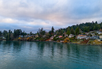 Fototapeta premium Scenic Coastal View of Vancouver Island Homes by Tranquil Water