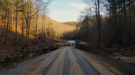 Fototapeta premium Serene Dirt Road Near Tranquil River and Bridge