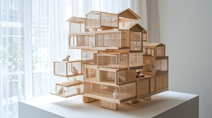 Modern Wooden Cat Tree with Multiple Levels and Open Cages, Bringing Stylish Pet Furniture into Your Living Space and Enhancing Cat Play and Rest Areas