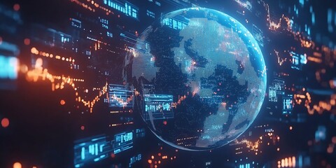 Fototapeta premium A Spinning Globe with Flowing Money Symbols Representing Global Economy, International Finance, Currency Exchange, and Worldwide Business Concepts