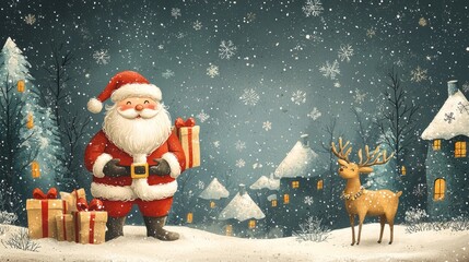 Christmas background with Santa Claus, reindeer, and gifts, whimsical and playful style, cartoonish elements.