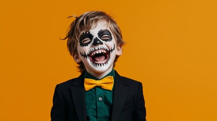 Smiling boy with Halloween face paint dressed in a suit and yellow bow tie against an orange background.
