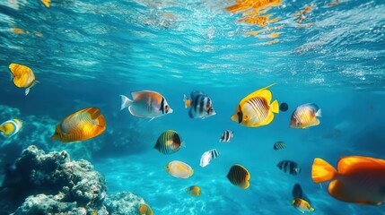 Fototapeta premium A vibrant underwater scene showcasing various colorful fish swimming in clear blue water.
