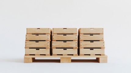Stacked Wooden Crates on a Pallet Arranged Neatly Against a White Background for Storage Solutions in Logistics and Transportation Industries