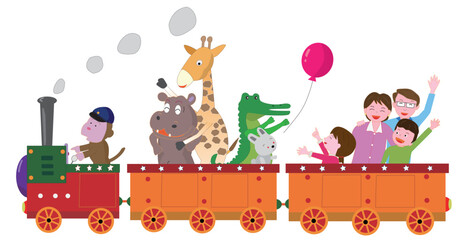 レトロな蒸気機関車に乗って楽しんでいる動物や子供たち。