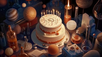 3D-style birthday illustration for a science center and planetarium featuring a decorated cake with scientific symbols, cosmic patterns, lab tools, space objects, balloons, and festive decorations.