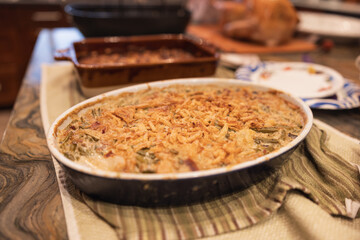 Green bean casserole in an oval dish on thanksgiving