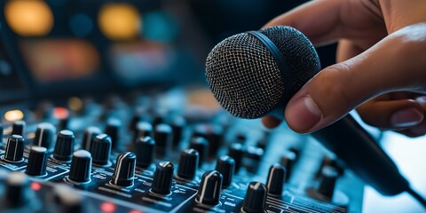 microphone and headphones, Close-Up of Hands Adjusting a Microphone for Public Speaking, Live Performance, or Recording Studio Use &ndash; Professional Audio Equipment Preparation