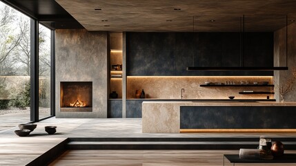 The minimalist style kitchen interior features natural wood flooring, smooth blue matte cabinets, a central peach kitchen island, pendant lights, and ample natural light, creating a harmonious design.