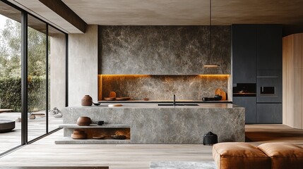 The minimalist style kitchen interior features natural wood flooring, smooth blue matte cabinets, a central peach kitchen island, pendant lights, and ample natural light, creating a harmonious design.