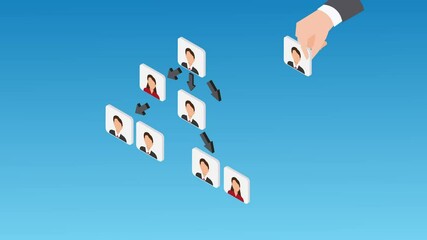 Hand selecting professional profiles from a digital network on a blue background representing recruitment or networking activities 3d animation cartoon