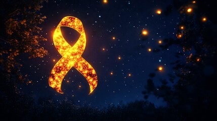Glowing Ribbon-Shaped Lantern Symbolizing Hope and Remembrance in the Night Sky