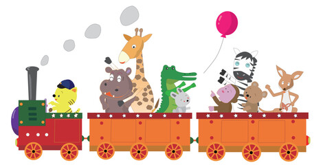 レトロな蒸気機関車に乗って楽しんでいる動物たち。